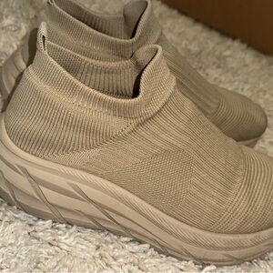 Knit Slip-On Platform Sneakers in Beige